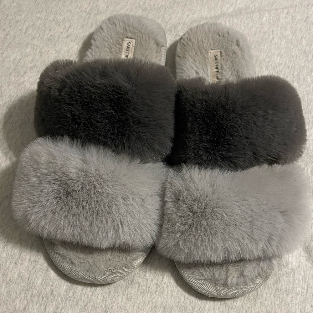 Saks Fifth Avenue Faux Fur Slippers Gray Plush Slip On Cozy Slides Women